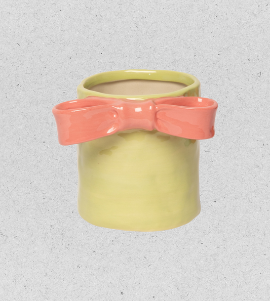 Blumentopf mit Schleife, hellgrün, rosa | 11 x 9,5 cm