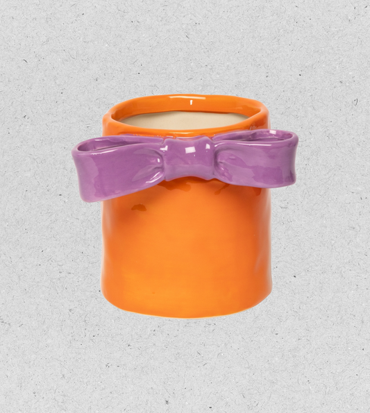 Blumentopf mit Schleife, orange, lila | 11 x 9,5 cm